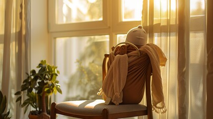 A photo of a baby carrier sling on a chair