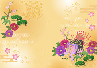 お正月 和風 和柄背景 松竹梅 御所車 牡丹 菊 年賀状 金 New Year Japanese pattern background Pine, bamboo, plum, peony, chrysanthemum, New Year's card, gold