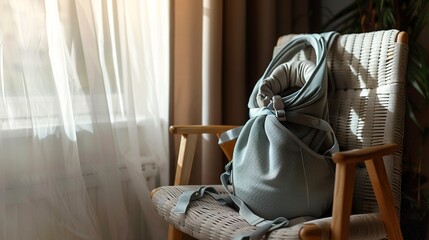 A photo of a baby carrier sling on a chair