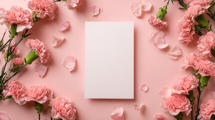 Blank White Greeting Card Surrounded by Pink Carnations and Petals, Generative AI