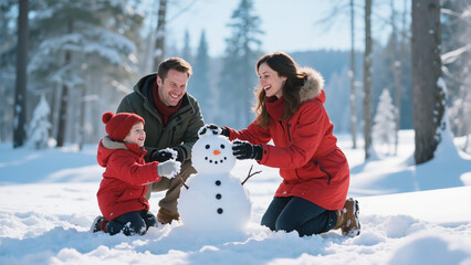 Family building a snowman together in snowy winter landscape  