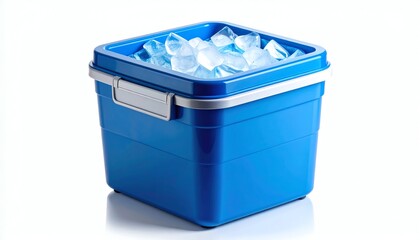 Blue cooler filled with ice cubes, perfect for outdoor activities, picnics, camping, and parties, keeping beverages and food cold for hours.