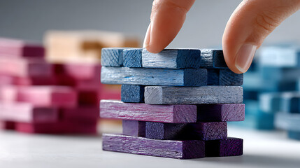 Strategic stacking game play indoor setting image of colorful wooden blocks focused view fun and challenge