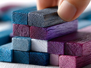 Creative handcrafting of colored wooden blocks art studio macro photography bright environment close-up view art concept