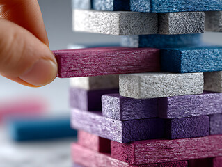 Strategic move in jenga gameplay indoor setting close-up view focused action skill and strategy