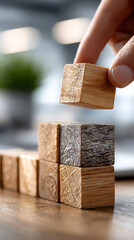 Building a wooden block structure office space photography indoor setting close-up view creative concept
