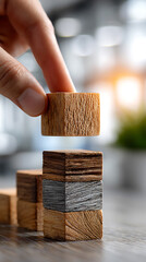 Building creativity hand assembling wooden blocks in an office space modern workspace close-up view conceptual focus