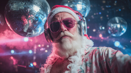 Santa Claus DJing in Summer Outfit at Christmas Dance Party with Disco Ball and Colorful Lights