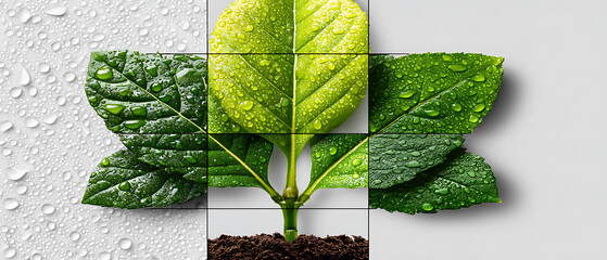 Vibrant green leaves with water drops close-up nature photography indoor studio setting macro viewpoint