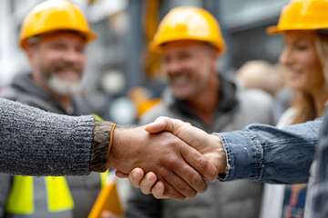 Handshake between construction professionals urban site collaboration moment busy environment close-up teamwork spirit