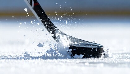 Closeup hockey stick hits puck, ice crystals flying as stick strikes black puck during intense outdoor winter game, sunlight in blurred background.