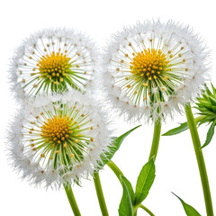 Three fluffy dandelion seed heads with yellow centers and green stems