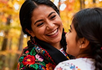 A mother and daughter share a joyous laugh, embracing amidst the vibrant, warm colors of an autumn forest.
