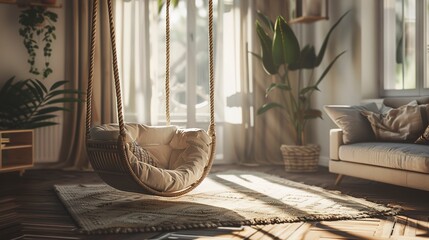 A photo of a baby swing in a living room.