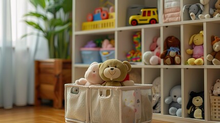 A photo of a baby toy organizer with soft toys.