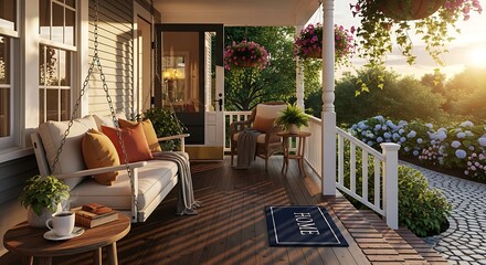 Inviting Porch Scene - Cozy Seating and Lush Garden View.