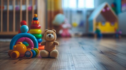 A photo of a baby toy set on a wooden floor.