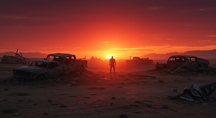 Wasteland Wanderer Surviving Post Apocalyptic Landscape and Sunset