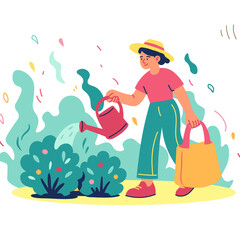Illustration Of A Person In A Hat Watering Plants With A Red Watering Can Holding A Yellow Bag On A Sunny Day