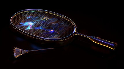 A photo of a badminton racket and shuttlecock.