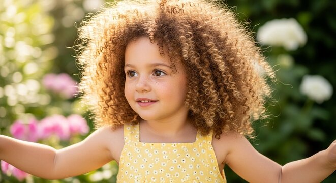 Cute Little Girl with Curly Hair Smiling Outdoors
