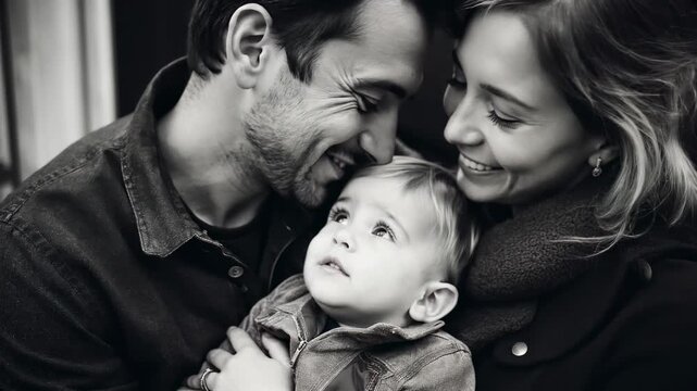 Heartwarming black-and-white video still of a joyful family, captured from a close-up angle, highlighting their smiles and affectionate embrace.