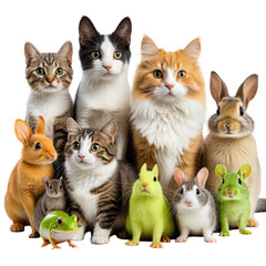Cats, rabbits, frog, and mouse pose together on a transparent background