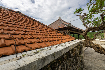 Building with a red roof and a tree growing out of the wall
