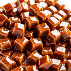 Pile of sweet, glossy, caramel-colored, cubed candies