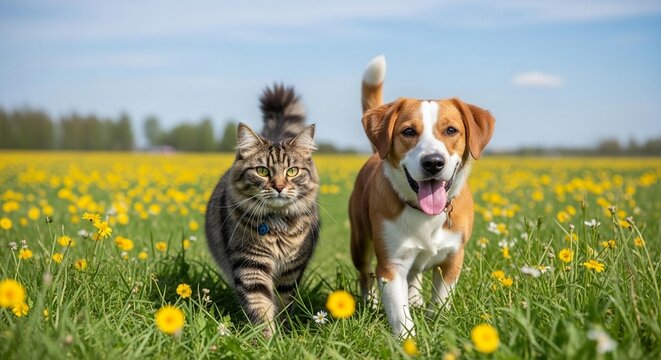 Cute Cat and Dog Sitting Together Outdoors Pet Friendship Concept