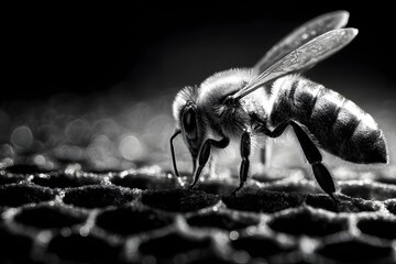 Monochrome Honeybee on Honeycomb