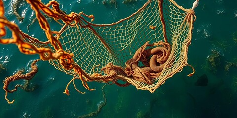 Intricate fishing net, adrift at sea, tangled in seaweed, marine, knot