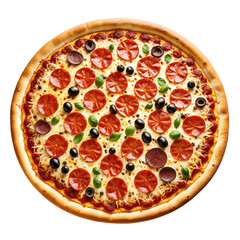 Pizza pie with pepperoni, olives, basil. Delicious cheesy meal