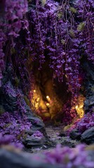 Purple Flowers Adorning a Grotto Entrance