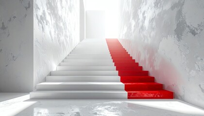 Modern minimalist red white stairs illuminated by sunlight, casting geometric shadows on textured wall in a contemporary, clean interior space.