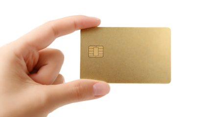Hand Holding Floating Gold Credit Card Isolated on Transparent Background
