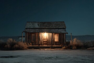 Illuminated Desert Homestead at Night