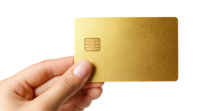 Hand Holding Floating Gold Credit Card Isolated on Transparent Background