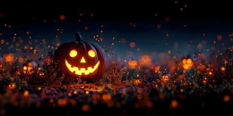 Glowing Jack-o'-Lantern in a Field at Night