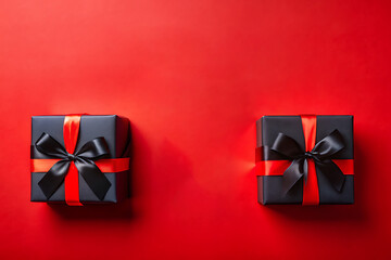 Two Dark Gift Boxes With Red Ribbons On Red Background For Holiday Celebration

