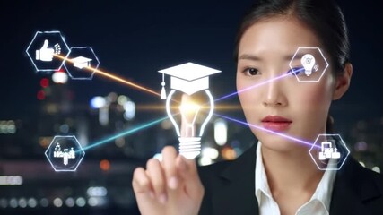 Businesswoman Interacting with Holographic Education and Industry Network - Powered by Adobe
