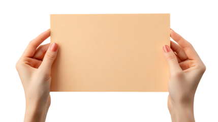 Hands Holding A4 Size Peach Card Isolated on Transparent Background