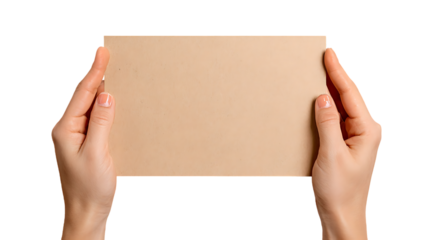 Hands Holding A4 Size Peach Card Isolated on Transparent Background