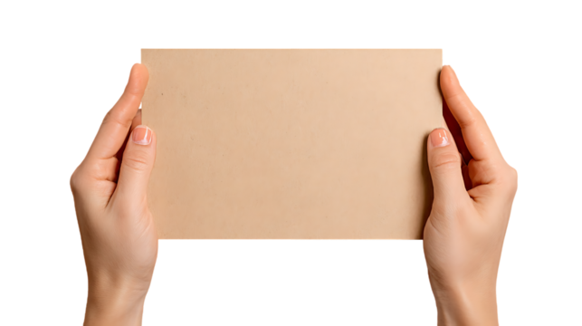 Hands Holding A4 Size Peach Card Isolated on Transparent Background - Powered by Adobe