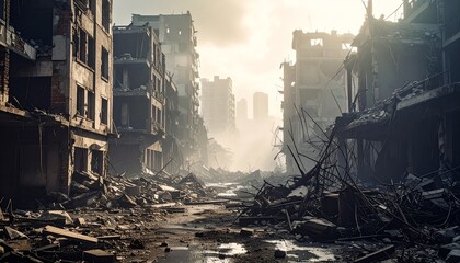 Urban devastation after catastrophic event shows destroyed buildings, rubble, and smoke, illustrating the aftermath of war or natural disaster in a city.