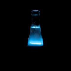 Bioluminescent liquid in a glass bottle against a dark background