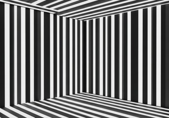 Optical illusion room with black and white stripes creating a dizzying perspective