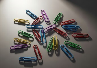 Vibrant assortment of colorful binder clips scattered on a light surface