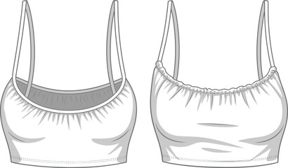 Cropped camisole top, women’s fashion flat, technical garment illustration, front and back view, apparel template, clothing pattern, vector drawing, design