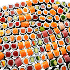 Abundance of colorful sushi rolls, close-up